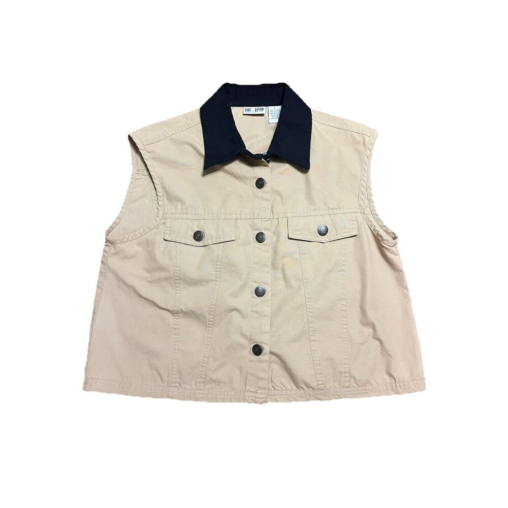 Sun River Beige Sleeveless Vest, Black Collar, Size L, 100% Cotton